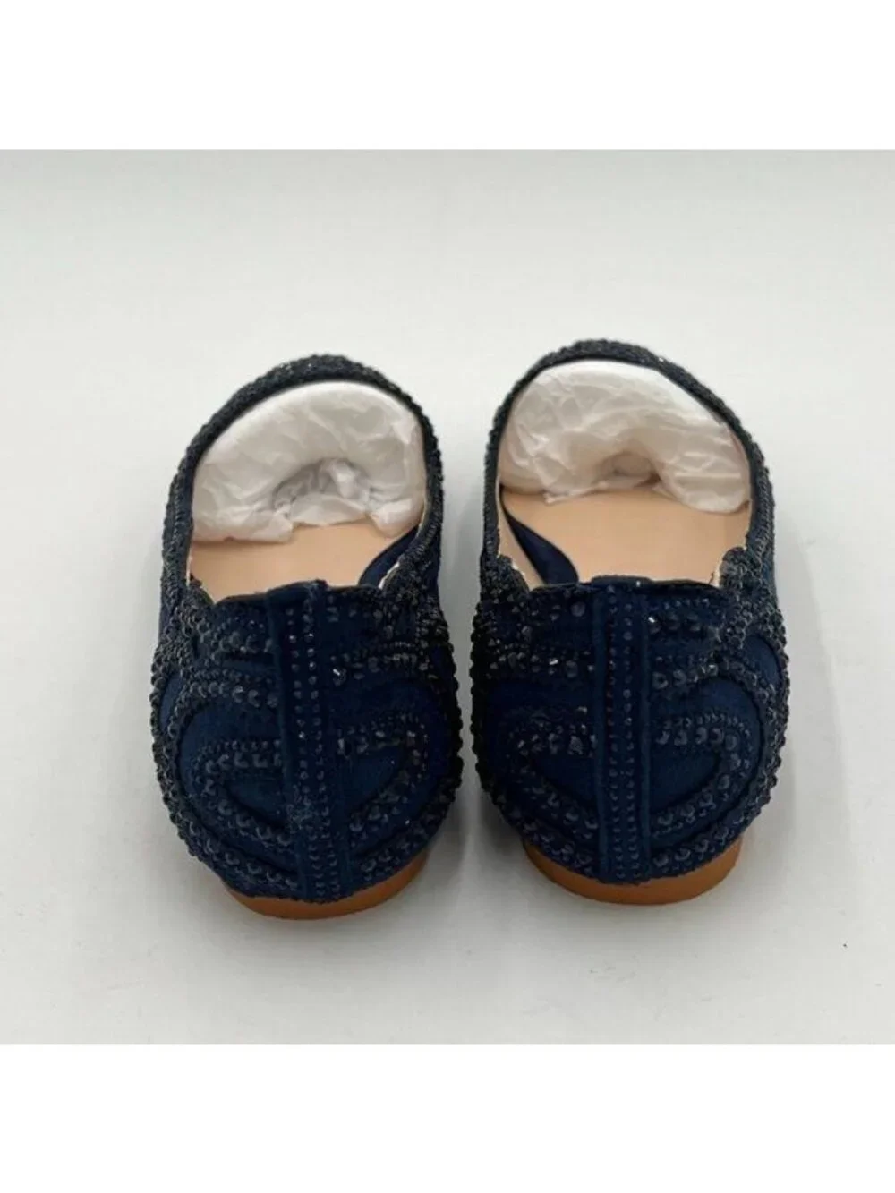 XYD Navy Pointed Toe Rhinestone Flats Mesh Slip On Low Heel Crystal Dress Shoes